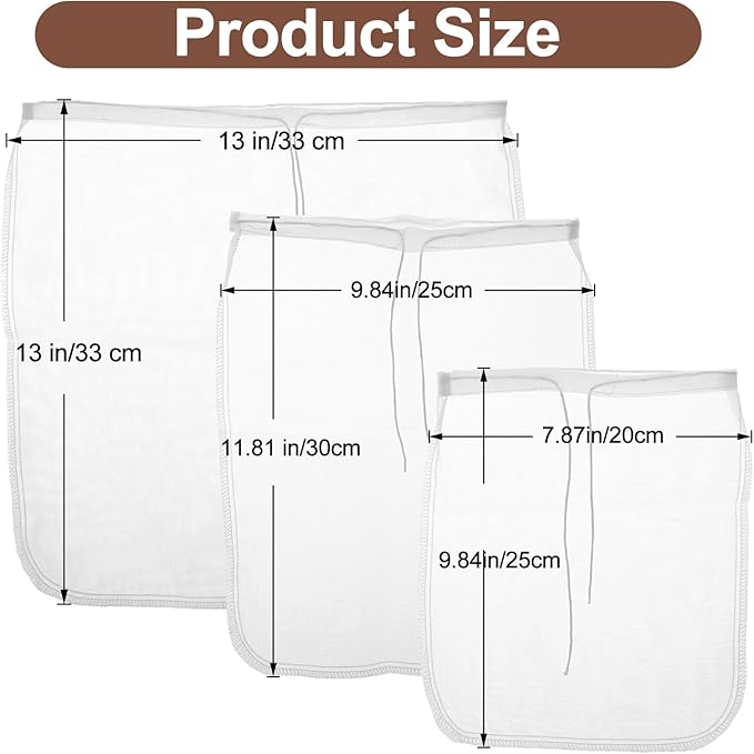 Nut Milk Bag, 3 Pack reusable Nylon Cheesecloth Fine Mesh Cheese Bags Food Strainer for Almond Soy Yogurt Cold Brew Coffee Tea Beer Celery Juice Fine Nylon Mesh, 3 Sizes