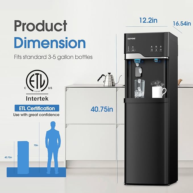 4-in-1 Self-Cleaning Ice & Water Machine - Hot & Cold Bottom Loading Water Cooler Dispenser for 5 Gal Bottle - Built-in Bullet Ice Maker - 22LBS/Day Ice Making, Black