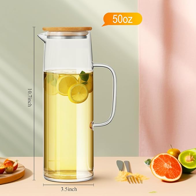 Hsei 2 Sets Glass Pitcher with Lid, 50 oz / 1500 ml Water Carafe with Handles Hot Cold Beverage Water Jar Glass Jug for Tea Juice Milk Coffee Iced Beverage