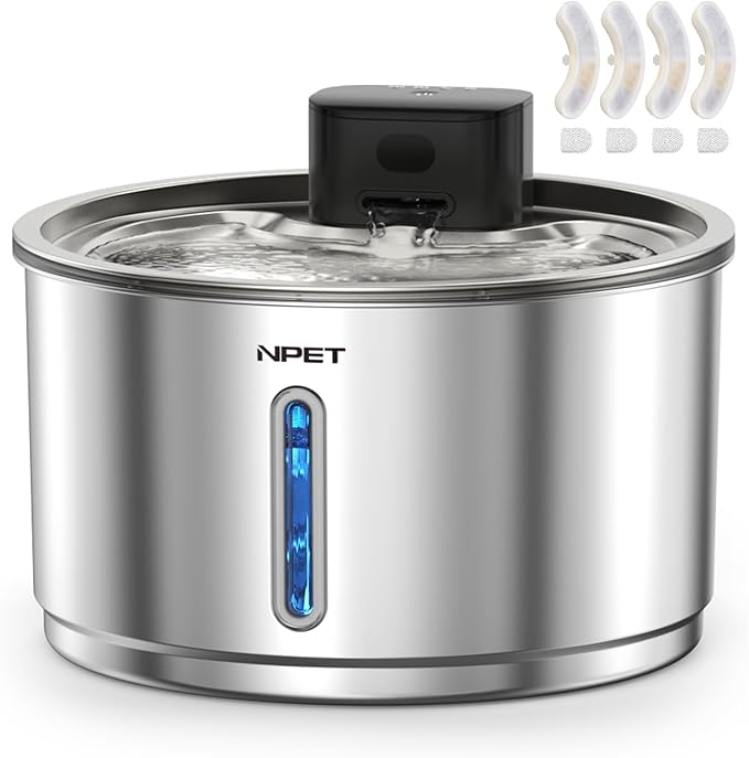 NPET Wireless Cat Fountain Stainless Steel, 1Gallon/135oz Battery Operated Automatic Pet Drinking Fountain - Cordless Dog Water Dispenser with 4 Replacement Filters for Cats Indoor