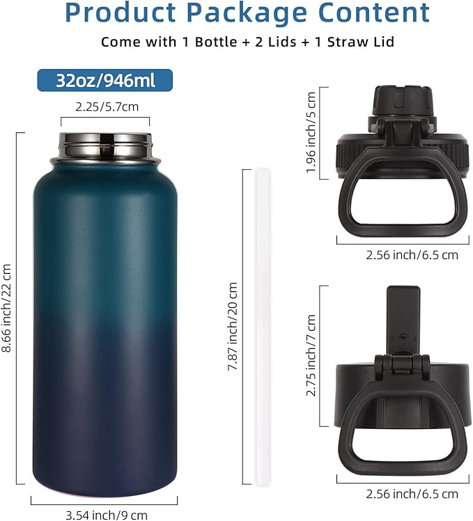 Volhoply 32 oz Water Bottles Bulk 2 Pack with Straw Lid & Spout Lid,Insulated Sports Water Bottle,Double Wall Vacuum Stainless Steel Cups,Leakproof Wide Mouth Metal Flask for Travel(Dark Night,2)