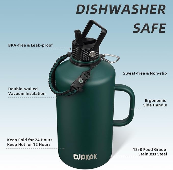 BJPKPK 1 Gallon Water Bottle Insulated with Straw Lid, 128oz Large, Stainless Steel Water Bottles with 3 Lids and Paracord Strap, Double Wall Vacuum Metal Water Jug,Army Green