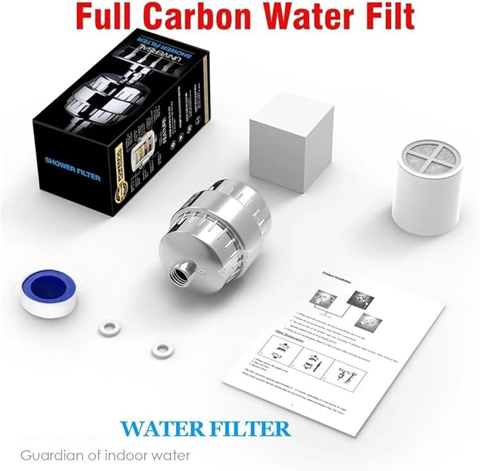 20 Stage Shower Hard Water Purification Filter Showerhead Activated Carbon Water Purifier Chlorine Removal Reduce Dry Itchy Skin(Full carbon Filt)