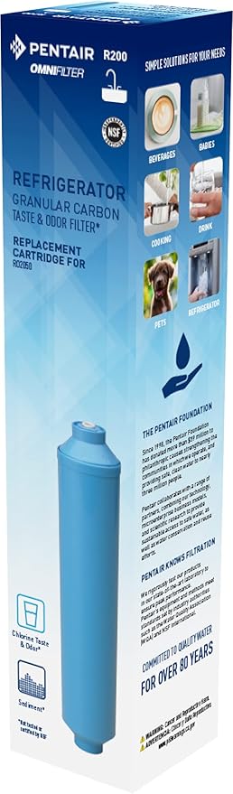 OMNIFilter R200 Inline Water Filter for Refrigerators & Ice Makers, 1/4" Quick Connect Fittings, Removes Sediments, Chlorine Taste and Odor, 15 Micron, Blue - AquaVibe