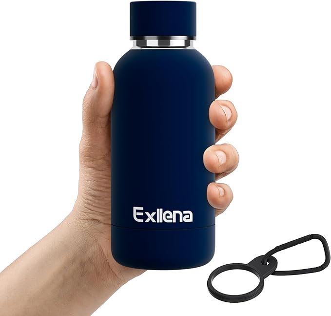Exllena Small Water Bottle 12oz with Clip, Double Wall Stainless Steel Vacuum Small Insulated Water Bottle Keeps Drinks Cold 24 Hrs/Hot 12 Hrs for Kids Handbag School BPA Free (Navy Blue)