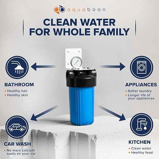 Aquaboon 10x4.5 Whole House Water Filter Housing | NSF Certified Water Filter Canister for Filtration System w/ Gauge & Release, Wrench, Bracket 1"NPT