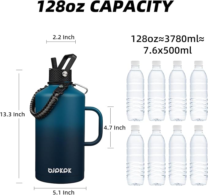 BJPKPK 1 Gallon Water Bottle Insulated with Straw Lid, 128oz Large, Stainless Steel Water Bottles with 3 Lids and Paracord Strap, Double Wall Vacuum Metal Water Jug,Vast