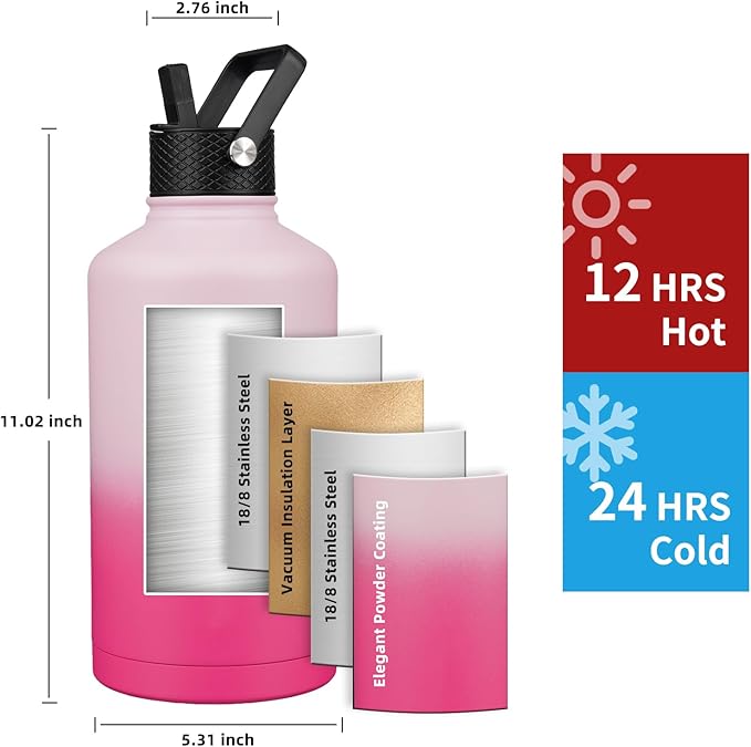 Insulated Water Bottle 87oz,Triple Wall Vacuum Stainless Steel(Dishwasher Safe),Leak Proof & Non-BPA,Flask Jug with Paracord Handle & Straw Spout Lids Sports Cherry Blossom