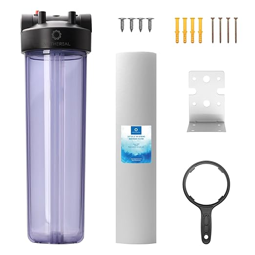 Airthereal Whole House Water Filter Housing, 20" x 4.5" Sediment Carbon Cartridge Universal Housing, Pre-Filtration System for Well and City Water, 3/4" NPT Port Clear Housing Include 1-Pack PP Filter