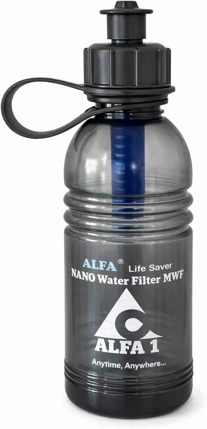 ALFA1 Life Saver Nano Water Filter Bottle | Water Purifier Bottle for Hiking, Camping and Travel (1 Quart, 32oz) | Food-Grade Plastic & BPA-Free | Removes 99.999% Impurities and Bad Odors
