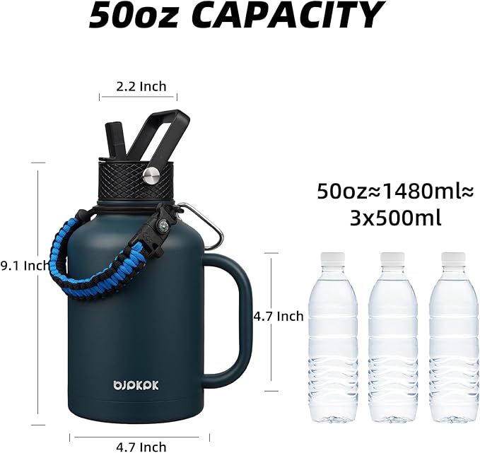 BJPKPK Large Insulated Water Bottles with Straw Lid & Handle, 50oz Water Bottle with 3 Lids and Paracord Strap, Stainless Steel Metal Water Bottle, Insulated Water Jug, Navy Blue