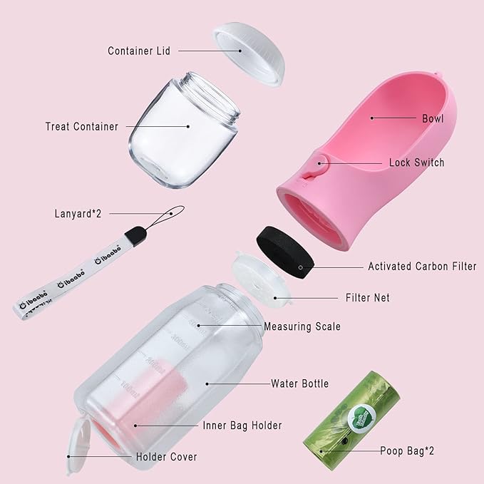 Cibaabo Dog Water Bottle with Food Container & Poop Bag Holder, Travel Water Bowl, Portable Pet Dispenser, Girl Dog Mom Gifts Accessories Stuff Essentials Gift for Yorkie Chihuahua Walking Hiking