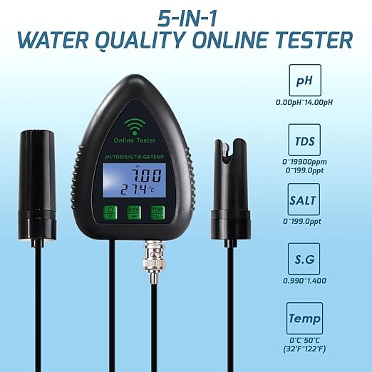 5 in 1 pH TDS SG Temp Salinity Tester Datalogger Water Quality Tester for Aquarium Aquaculture Pond etc Smart Remote Monitoring
