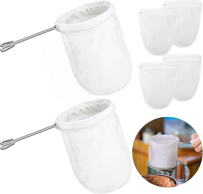 Tatuo 4 Pieces 5.5 Inch Ultra Fine Mesh Strainer Bags Reusable Filter with 2 Stainless Steel Frame with Handle for Filter Nut Milk Coffee Tea Traditional Thai Butter Bag Juices and Fresh Cheese Cotton