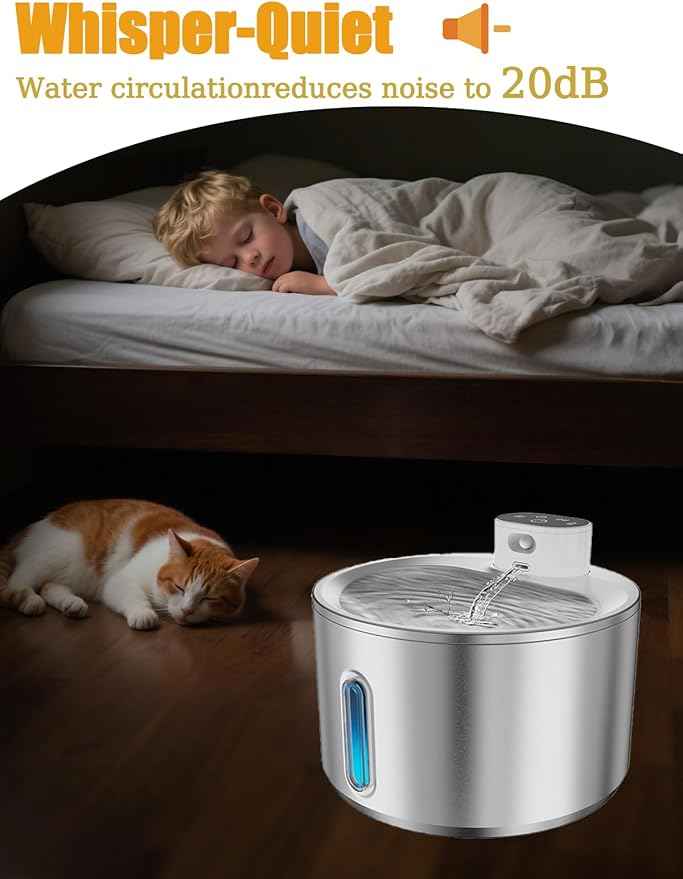 Cat Water Fountain Stainless Steel, 4L/135fl oz for Cats Dogs - Wireless Pet Water Dispenser Battery Operated with 5000mAh, Motion Sensor Activated, Ultra Quiet Pump, 6 Filters, Easy Clean Design