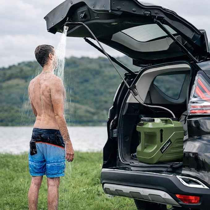 Portable Shower for Camping with Integrated Design – Spill-Resistant, Electric Camping Shower, 5-Gallon Food-Grade Water Jug for Outdoor, Beach, Hiking, Dog Wash, 2 Batteries