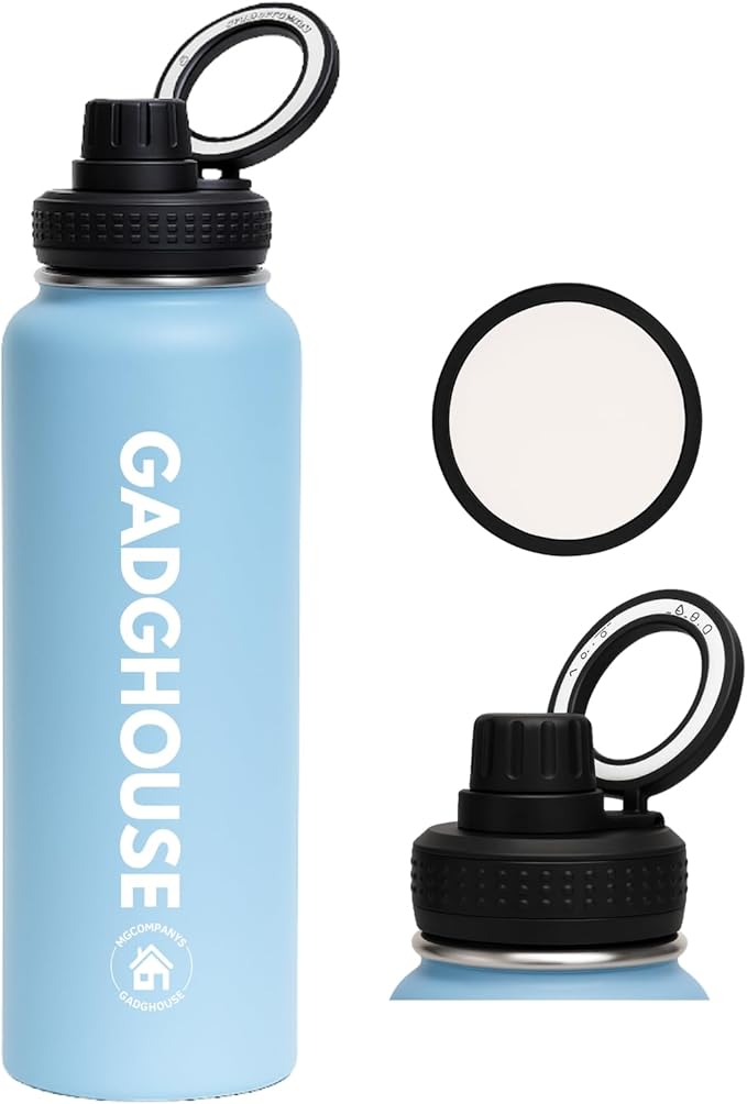 GadgHouse 40oz Stainless Steel Water Bottle with Magnetic Phone Holder, Compatible with Apple and Android. Leakproof, Insulated, BPA-Free, Keeps Hot 12H Cold 24H, for Gym, Office, Travel (ICE BLUE)