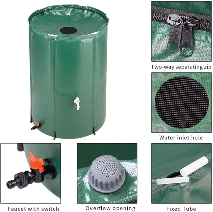 100 Gallon Collapsible Rain Barrel, Portable Water Storage Tank, Foldable Rainwater Collect System Downspout, Water Catcher Container with Filter, Spigots Overflow Kit (Green, 100 Gallon)