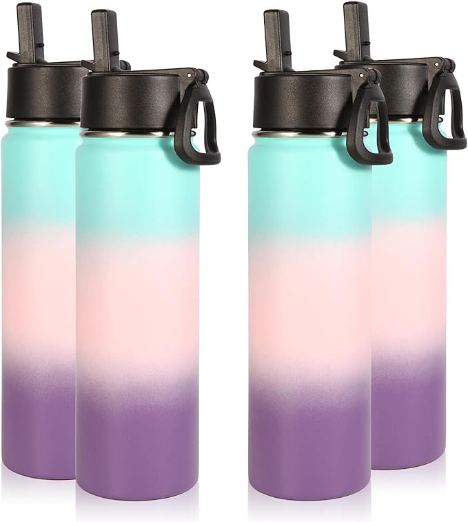 Volhoply Insulated Water Bottles with Straw Bulk 4 Pack, 22 oz Reusable Stainless Steel Sports Bottle with Handle Lid,Double Walled Metal Travel Water Cup Cups with Wide Mouth(Gradient Color,4 Set)