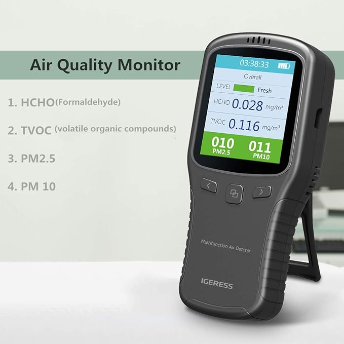Indoor Air Quality Monitor, IGERESS Formaldehyde Detector, Pollution Monitor,Dust Tester, Detect Indoor HCHO/TVOC/PM2.5/PM10 (Gray)