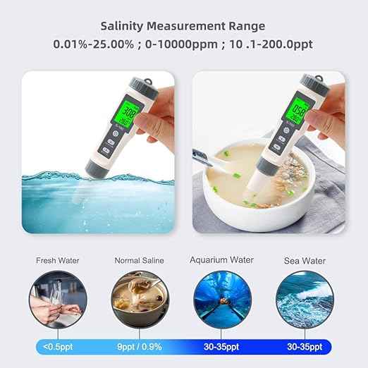 TDS Meter,4 in 1 Water Tester TDS/Salt/Temp/EC Meter,High Accuracy TDS Meter Digital Water Tester with LCD Backlit,Pool Testing Kit Salinity Tester EC Meter for hydroponics, Wine, Pool and Aquariums