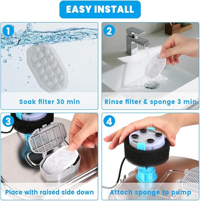 16 PCS Cat Water Fountain Filter for 108oz/3.2L Stainless Steel Dispensers – 8 Pack Replacement Filters for Pet Fountains – 8 Carbon + 8 Sponge – Improves Water Quality & Reduces Odors