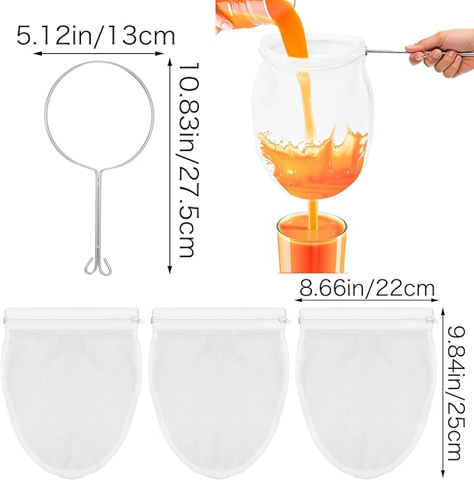 4pcs Ultra Fine Mesh Strainer Bags with Stainless Steel Handle, Nut Milk Bag Strainer, Reusable Cheese Cloth for Straining Juices, Honey, Butter with steel ring