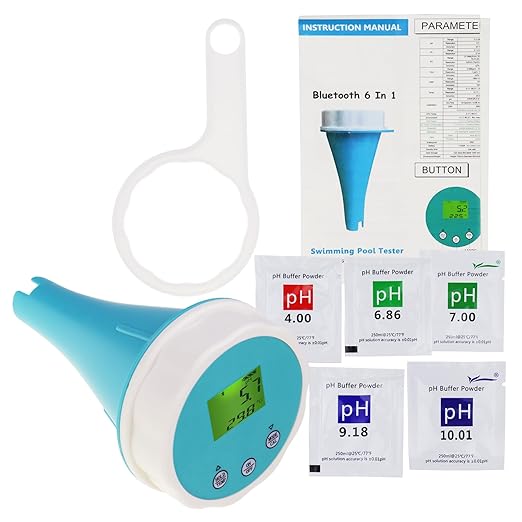 6-in-1 Floating Smart Pool Monitor with Bluetooth Connectivity | Accurate Water Quality Tester for EC, Salinity, pH, ORP, Temperature, and Chlorine | Digital Display for Pools, Hot Tubs, Swim Spas