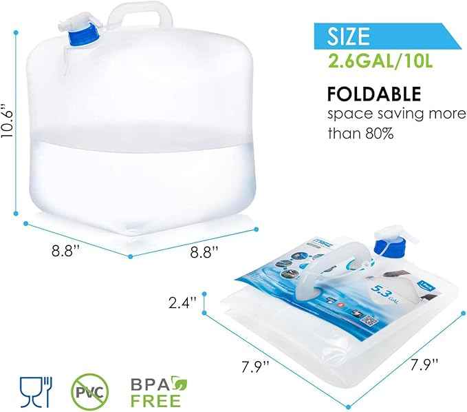 Collapsible Water Container Jug, 4×2.6 Gallon No BPA Water Storage Carrier with Spigot, for Camping Hiking Backpack RV Outdoors and Emergency, Foldable Portable Survival Kits for Hurricanes