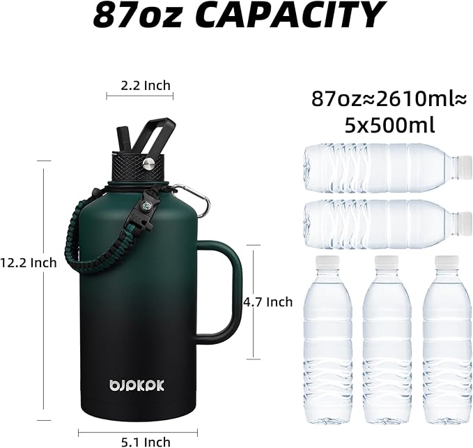 BJPKPK 2/3 Gallon Water Bottle Insulated with Straw Lid, 87oz Large, Stainless Steel Water Bottles with 3 Lids and Paracord Strap, Double Wall Vacuum Metal Water Jug, Army Green & Black