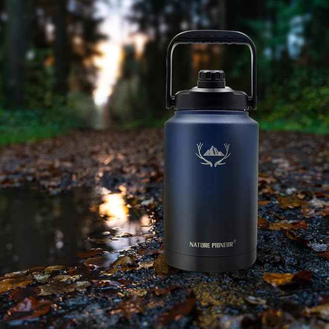 NATURE PIONEOR 1 Gallon Insulated Water Bottle - Double Vacuum Stainless Steel 128 oz Water Bottle with Holder/Carrier, Wide Mouth 1 gallon Water Jug for Outdoor Sports, Hiking, Camping, Gym