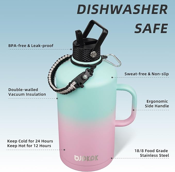 BJPKPK 1 Gallon Water Bottle Insulated with Straw Lid, 128oz Large, Stainless Steel Water Bottles with 3 Lids and Paracord Strap, Double Wall Vacuum Metal Water Jug,Marshmallow