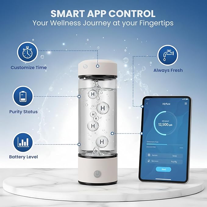 Hydrogen Water Bottle, Portable & Rechargeable – Molecular Hydrogen Water Generator, Alkaline Ionizer, Hydrogenated Water Purifier for Health & Fitness with Hydrogen-Rich Water White