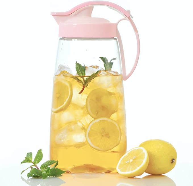 One-Touch Airtight Water Pitcher with Quickpour Lid, 2.3QT (74oz) – Heat Resistant, Leakproof Jug for Hot & Cold Drinks, Coffee, Tea and More, Space-Saving, Dishwasher Safe, Made in Japan (Pink)