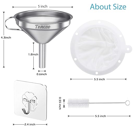 5-Inch Premium Stainless Steel Funnel with 200 Mesh Food Strainer, Kitchen Funnel for Bottles