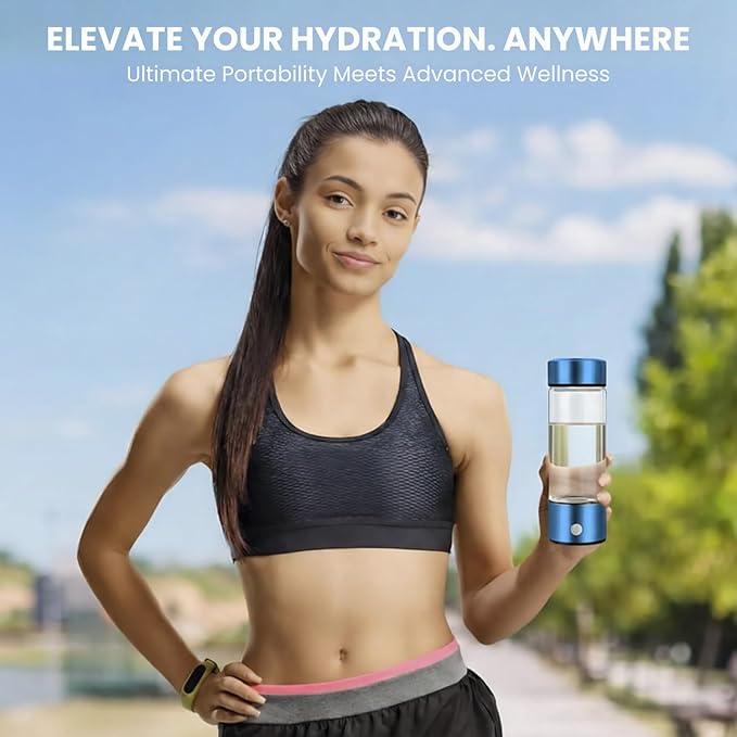 Hydrogen Water Bottle, Portable & Rechargeable – Molecular Hydrogen Water Generator, Alkaline Ionizer, Hydrogenated Water Purifier for Health & Fitness with Hydrogen-Rich Water Blue
