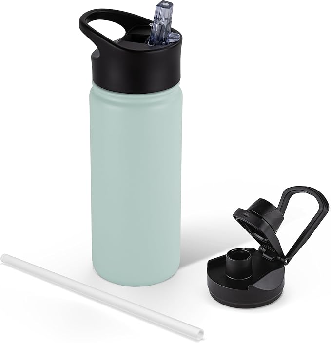 16 oz Insulated Water Bottle for School, Straw & Spout Lid, Keep Cold 24H, Spill Proof, BPA-Free, Double Wall Stainless Steel Kids Water Bottles for Sports, Gym, Travel, Turquoise Blue