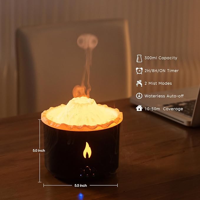 300ml Essential Oil Diffuser, Volcano Flame Aromatherapy Diffusers Fragrant Humidifier Vaporizer with Remote Control, Night Lights, Timer Auto Off for Bedroom Home Office (Dark Wood Grain)