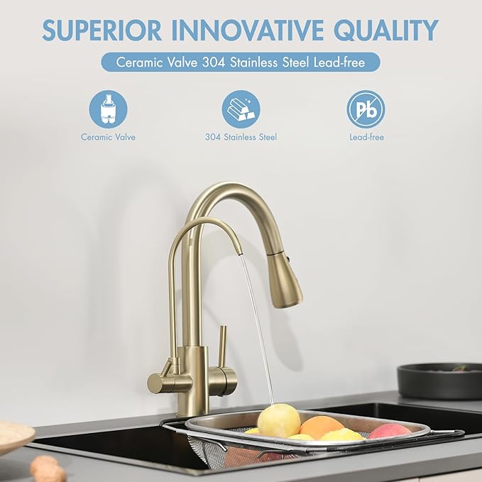 GIMILI 3 in 1 Gold Kitchen Faucet with Under Sink Water Filter System, Reduces Lead, Chlorine, Bad Taste & Odor, Kitchen Sink Faucet with Drinking Water Faucet