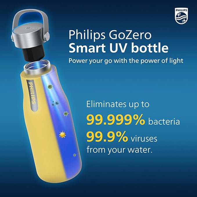 Philips Water GoZero UV Self-Cleaning Smart Water Bottle Vacuum Stainless Steel Insulated Water Bottle with Handle Double-wall, Auto Cleaning, Keep Drink Hot or Cold, BPA Free