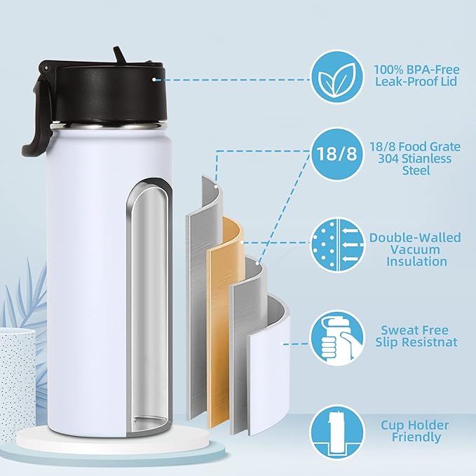 Volhoply 16 OZ Kids Water Bottle Bulk 2 Pack,Insulated Sports Bottles with Straw Lid,Stainless Steel Bottle with Handle Keep Cold & Hot,Double Wall Vacuum Tumbler Cups for School,Girls(White, 2)