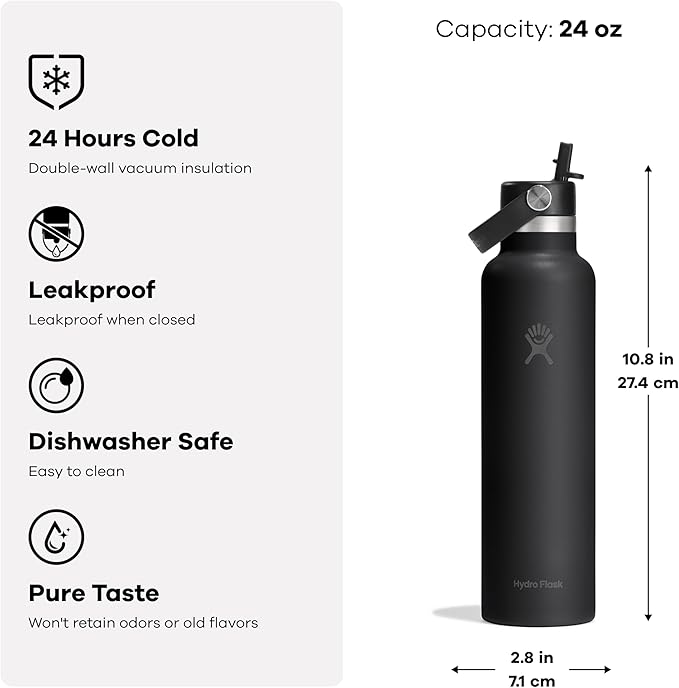 Hydro Flask Water Bottle - Insulated Stainless Steel - Straw Lid, Non Spill, Leakproof in 24 Oz Shale Gray