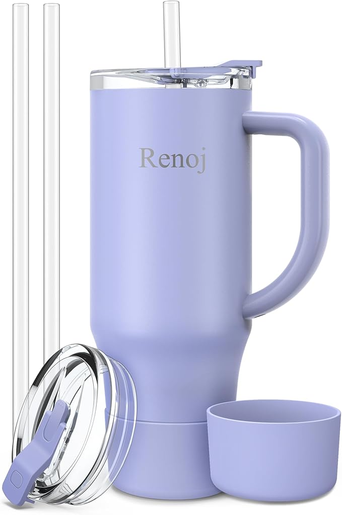 Renoj Tumbler with Handle 100% Leak Proof Insulated Water Bottle for Iced Coffee & Hot Drinks - Fits Car Cup Holder, Ideal Gift, 2 Straws & Silicone Boot BPA-Free - SnapShift Blue 32 oz