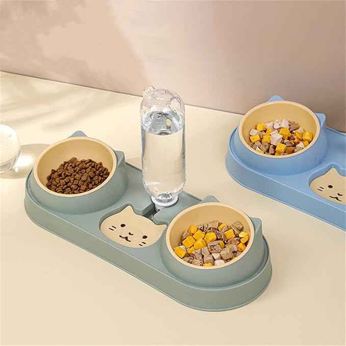 Triple Cat Food Bowls with Water Dispenser, Plastic Raised Cat Dishes, Automatic 3 in 1 Pet Bowls, 2 Food Bowls and Water Feeder Set, Wet and Dry Food Bowl Set for Cats Puppy Small Dogs (Dark Green)
