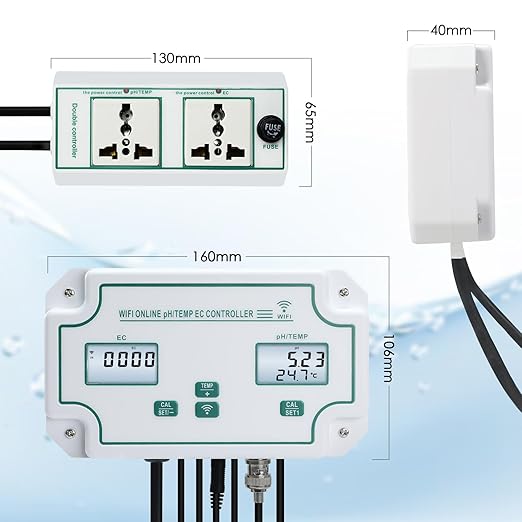 Smart EC pH Temperature Monitor for Hydroponics, 3-in-1 WiFi Water Quality Tester pH EC Controller with Dual Relay Output for Nutrient Reservoir Electric Conductivity Controller pH Meter for Aquarium