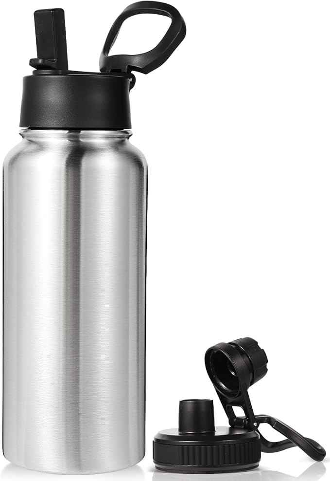 Neihepal 32 oz Insulated Water Bottle with 2 Lids (Straw & Spout Lid), 18/8 Stainless Steel Double Wall Water Bottles for Gym, Travel, Camping, Sports (Silver,1 Pack)