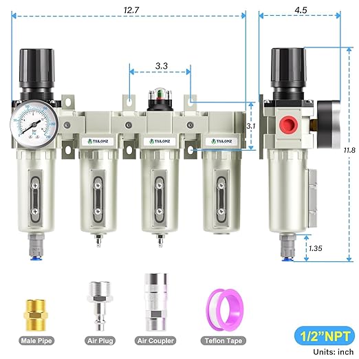 TAILONZ PNEUMATIC 1/2 Inch NPT 0-240PSI Industrial Grade 4 Stage Air Drying System, Double Particulate Filter, Coalescing Filter (Automatic Drainage) - AquaVibe