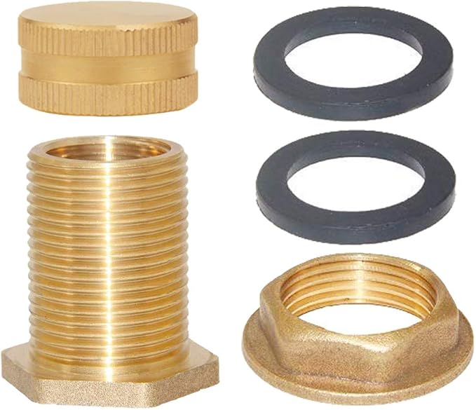 Joywayus Brass Male Garden Hose Bulkhead Fitting with Plugs,1/2" Female 3/4" GHT Male Water Tank Connector Threaded and 3/4" GHT Female Outer Hex Head End Pipe Caps Drain/Flush Port Kit - AquaVibe