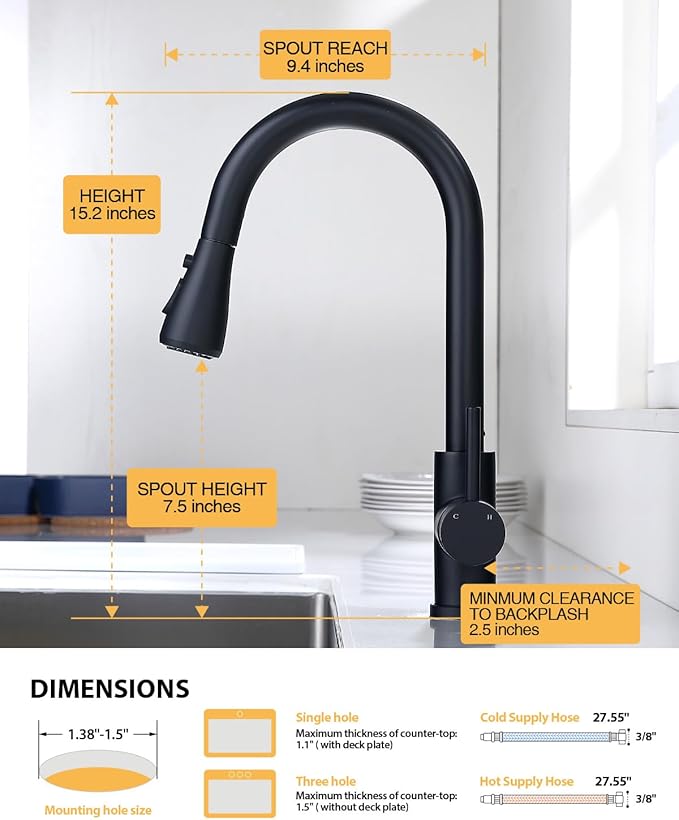Black Kitchen Faucet with Pull Down Sprayer, Rv Kitchen Sink Faucets for Pot Filler, Farmhouse Camper Bar Sink Laundry Room, Fingerprint Resistant Single Hole Single Handle Stainless Steel