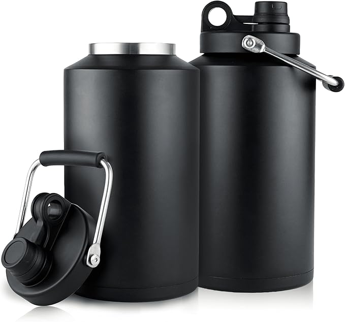 (Set of 2) 1 Gallon Water Bottle Insulated Stainless Steel Keeps Ice 48Hr, Large Water Gallon Jug Wide Mouth Leakproof Vacuum for Gym, Camping, & Construction